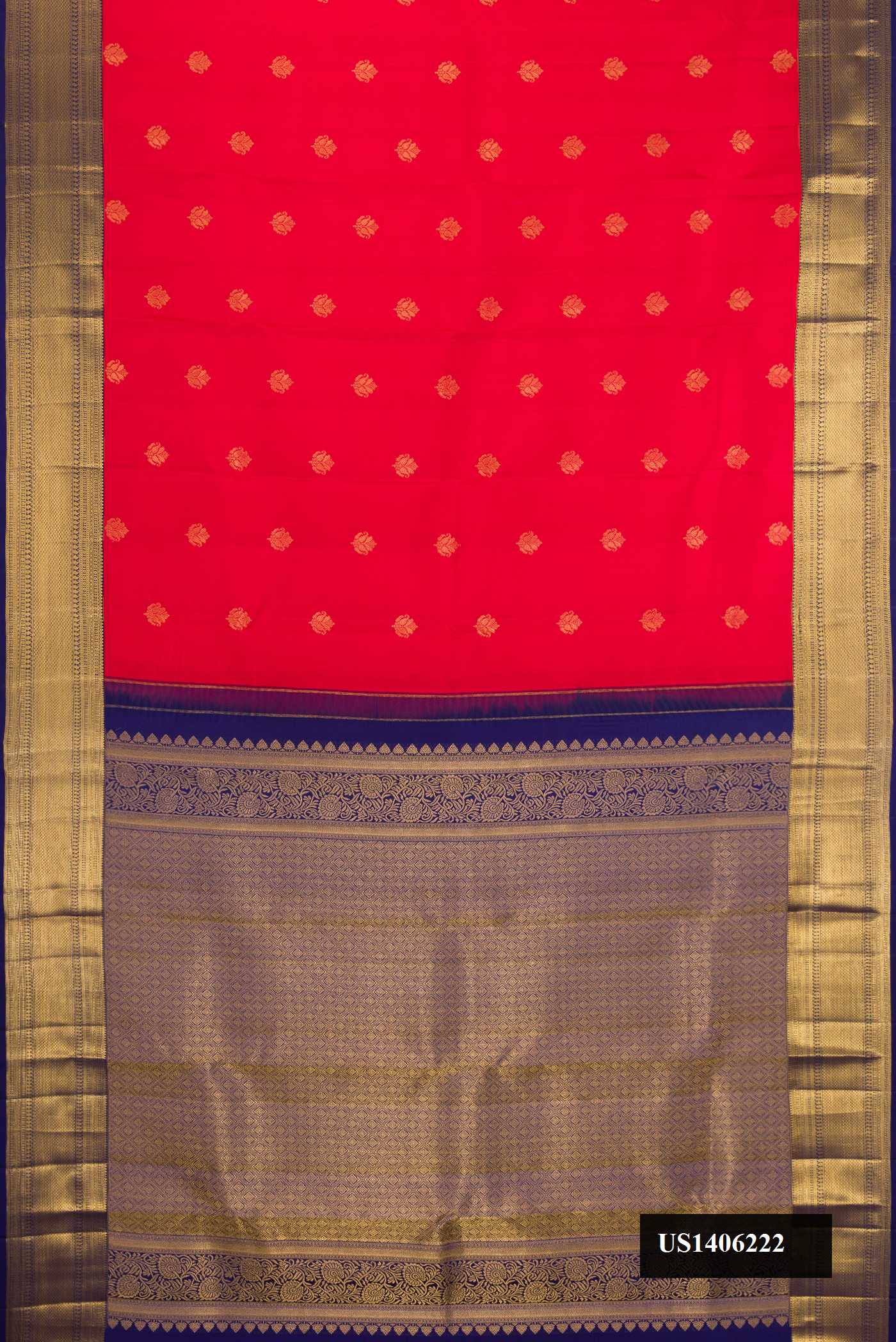 Red Dual Tone Kanchipuram Silk Saree with Zari Butta on the body and Zari Border.  displayed on a mannequin