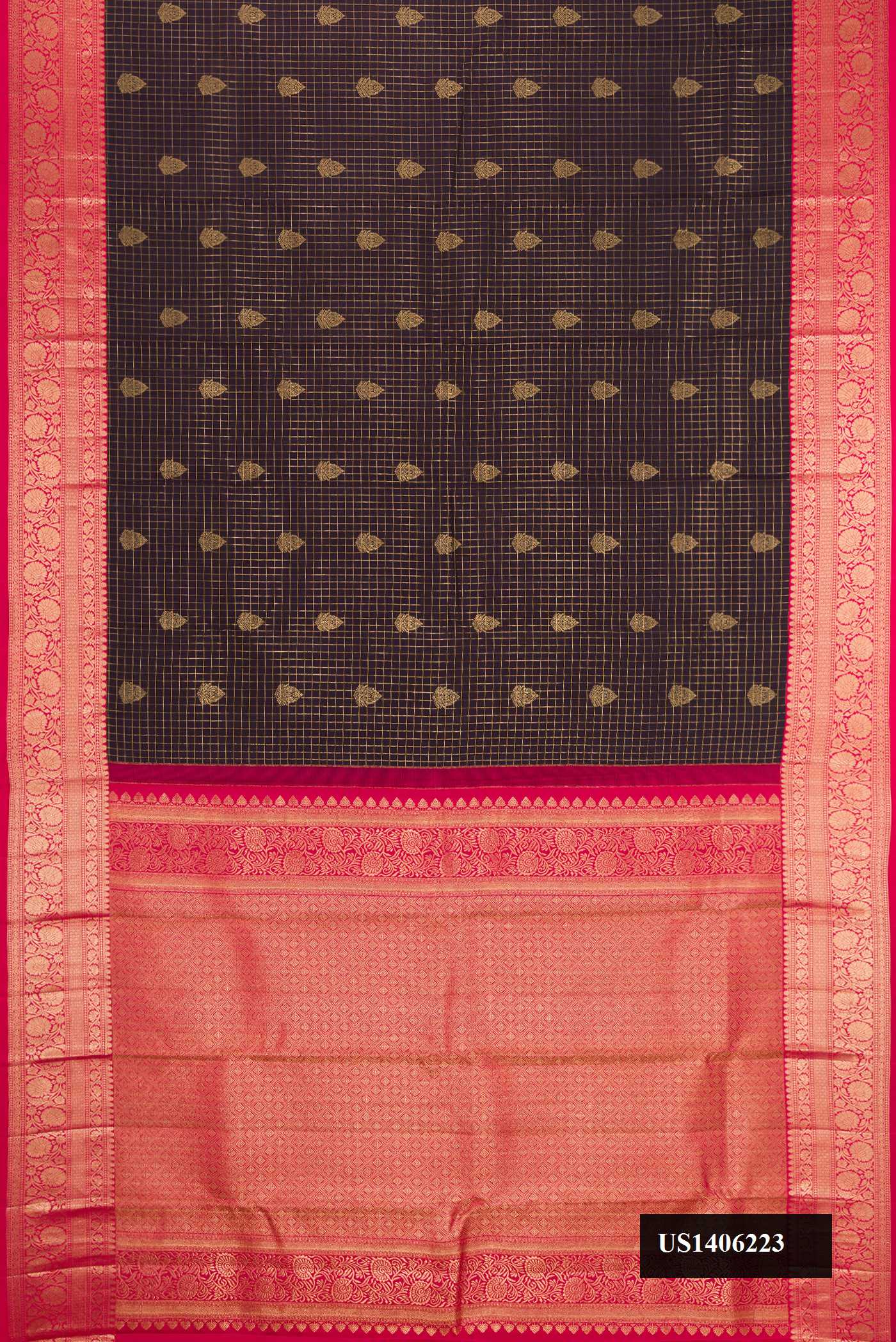 Burgundy Dual Tone Kanchipuram Silk Saree with Checked design on the body and Zari Border.  displayed on a mannequin