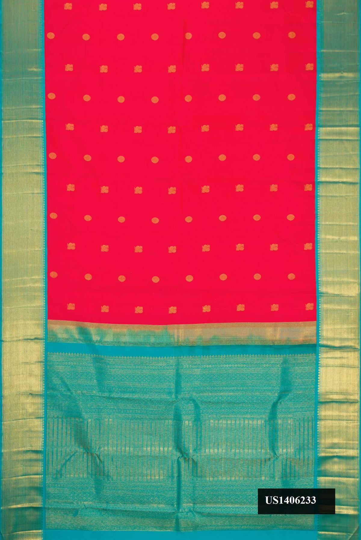 Coral Dual Tone Kanchipuram Silk Saree with Zari Butta on the body and Zari Border.  displayed on a mannequin