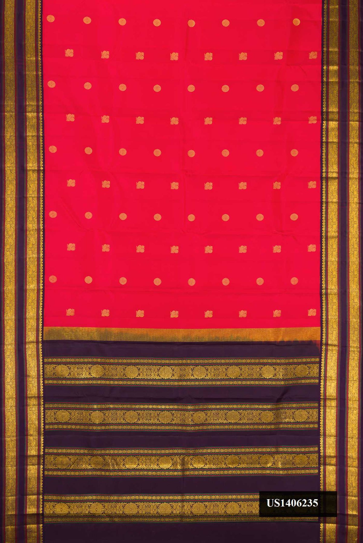 Red Dual Tone Kanchipuram Silk Saree with Zari Butta on the body and Zari Border.  displayed on a mannequin