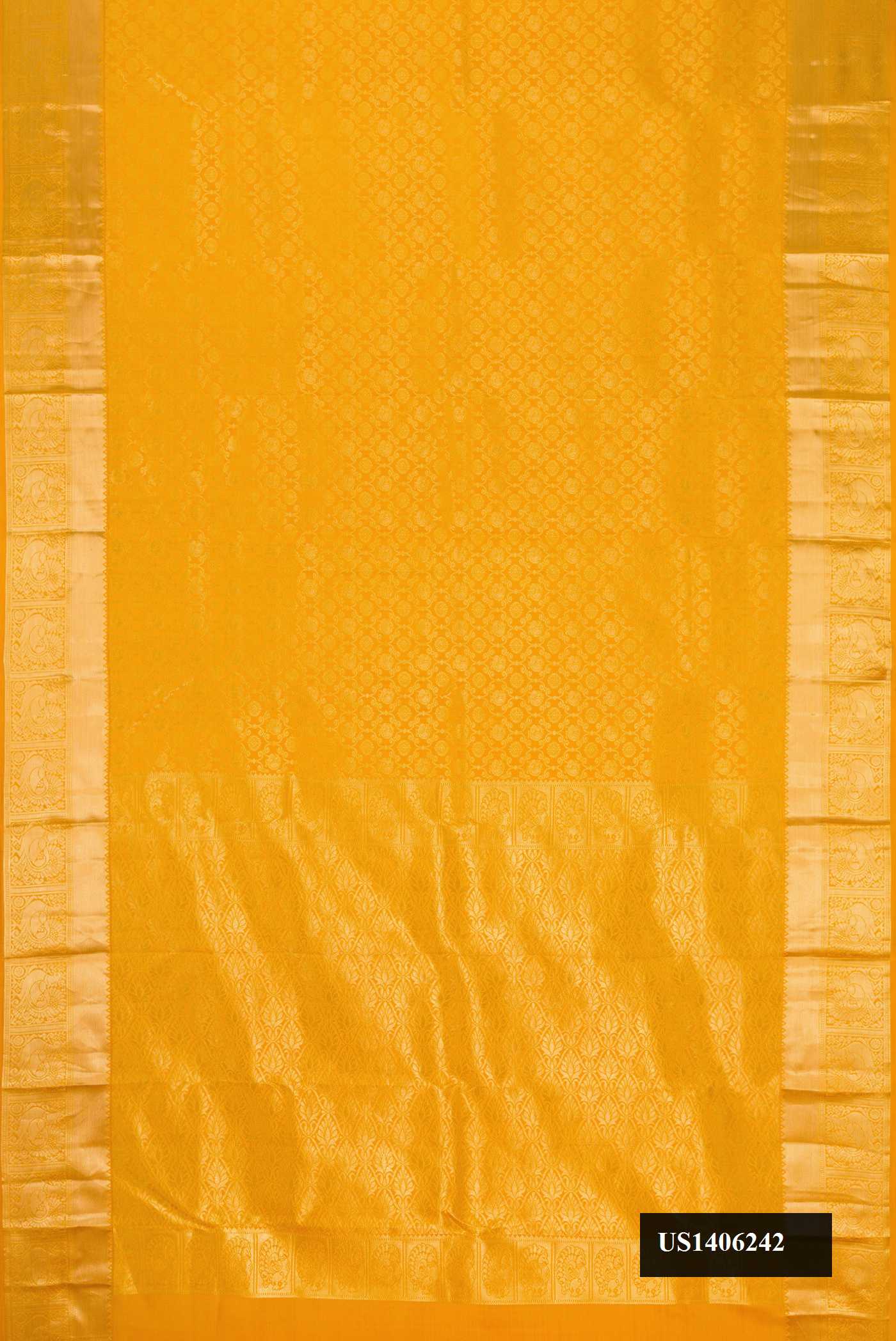 Mustard Dual Tone Kanchipuram Silk Saree with Zari Brocade on the body and Zari Border.  displayed on a mannequin