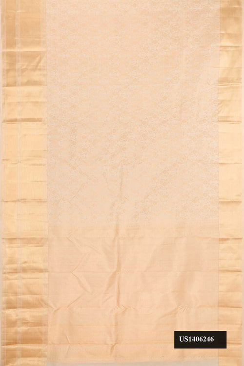 Beige Dual Tone Kanchipuram Silk Saree with Zari Brocade on the body and Zari Border.  displayed on a mannequin