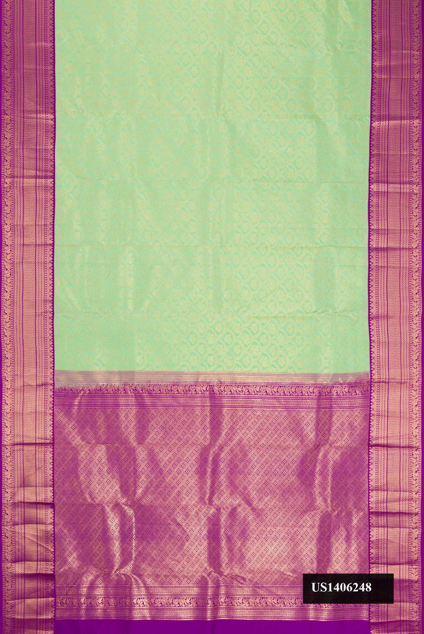 Pista Green Dual Tone Kanchipuram Silk Saree with Zari Brocade on the body and Zari Border.  displayed on a mannequin