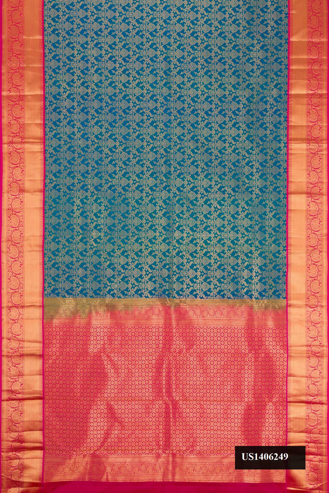 Peacock Blue Dual Tone Kanchipuram Silk Saree with Zari Brocade on the body and Zari Border.  displayed on a mannequin