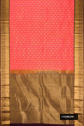 Coral Dual Tone Kanchipuram Silk Saree with Zari Brocade on the body and Zari Border.  displayed on a mannequin