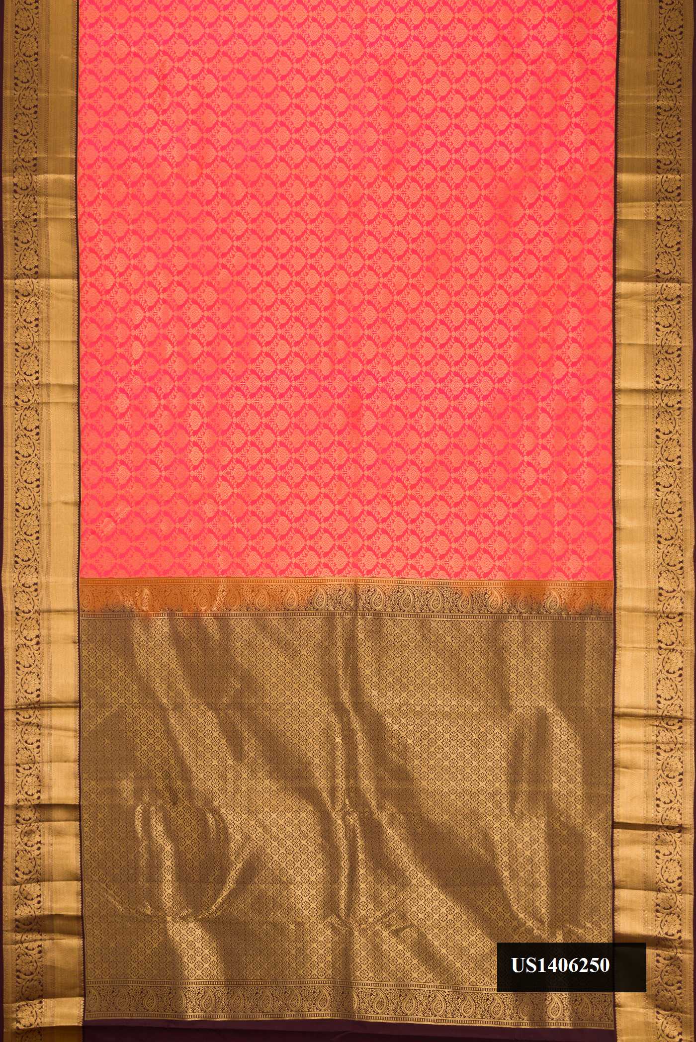 Coral Dual Tone Kanchipuram Silk Saree with Zari Brocade on the body and Zari Border.  displayed on a mannequin