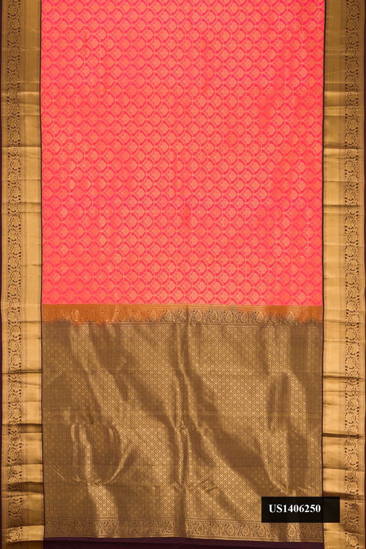 Coral Dual Tone Kanchipuram Silk Saree with Zari Brocade on the body and Zari Border.  displayed on a mannequin