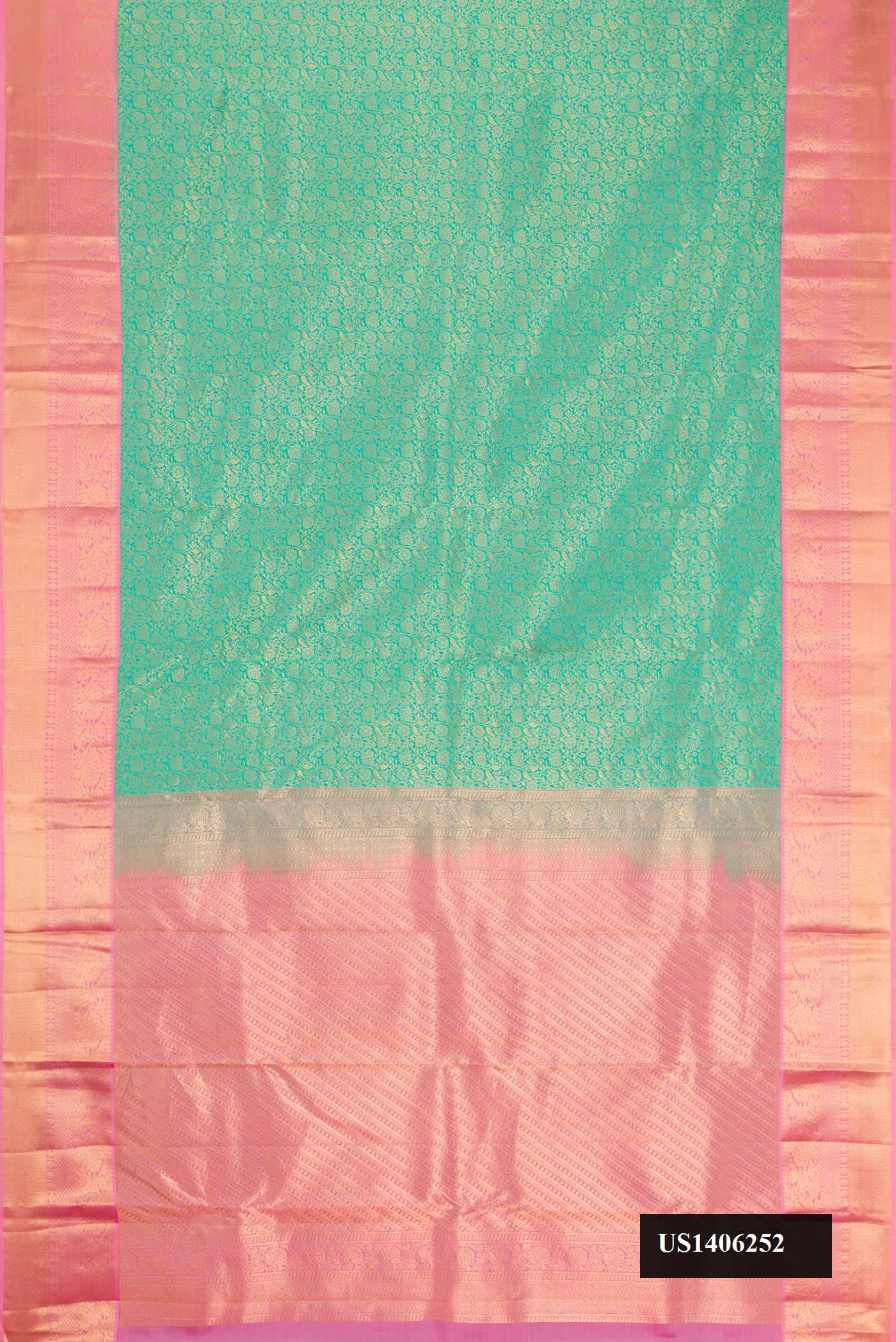 Sea Green Dual Tone Kanchipuram Silk Saree with Zari Brocade on the body and Zari Border.  displayed on a mannequin