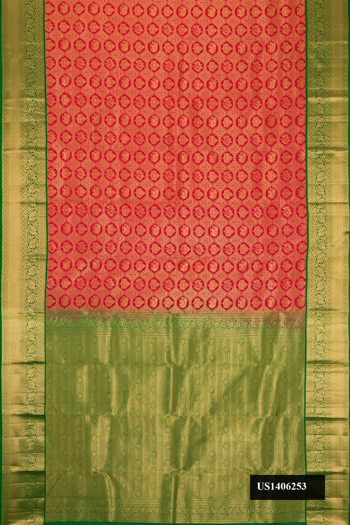 Maroon Dual Tone Kanchipuram Silk Saree with Zari Brocade on the body and Zari Border.  displayed on a mannequin