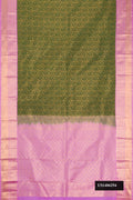 Bottle Green Dual Tone Kanchipuram Silk Saree with Zari Brocade on the body and Zari Border.  displayed on a mannequin
