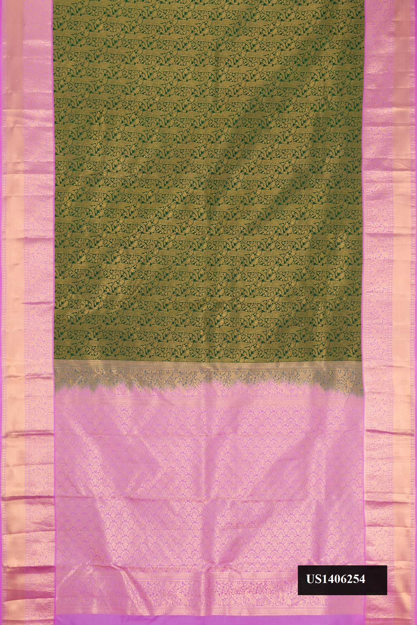 Bottle Green Dual Tone Kanchipuram Silk Saree with Zari Brocade on the body and Zari Border.  displayed on a mannequin