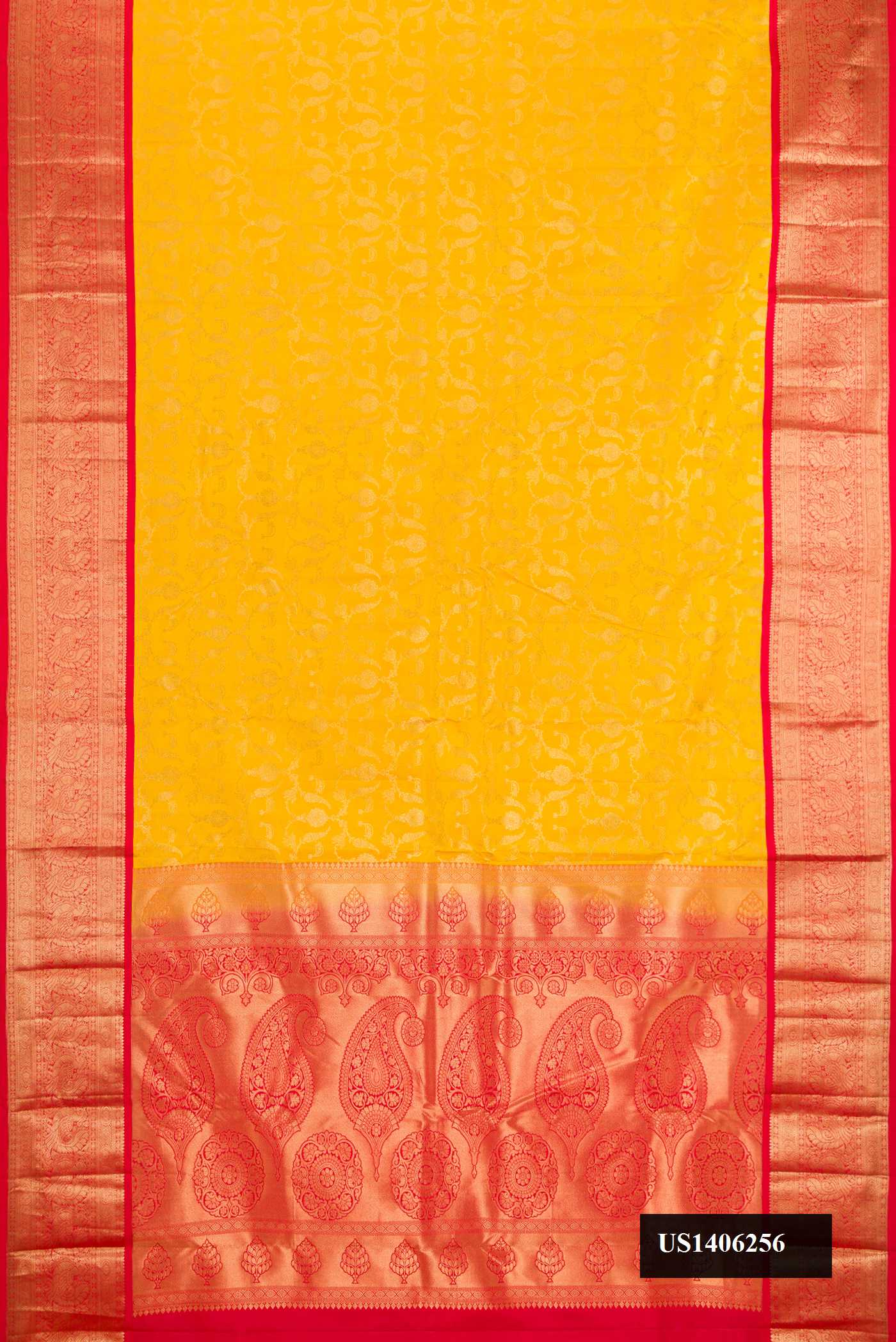 Yellow Dual Tone Kanchipuram Silk Saree with Zari Brocade on the body and Zari Border.  displayed on a mannequin
