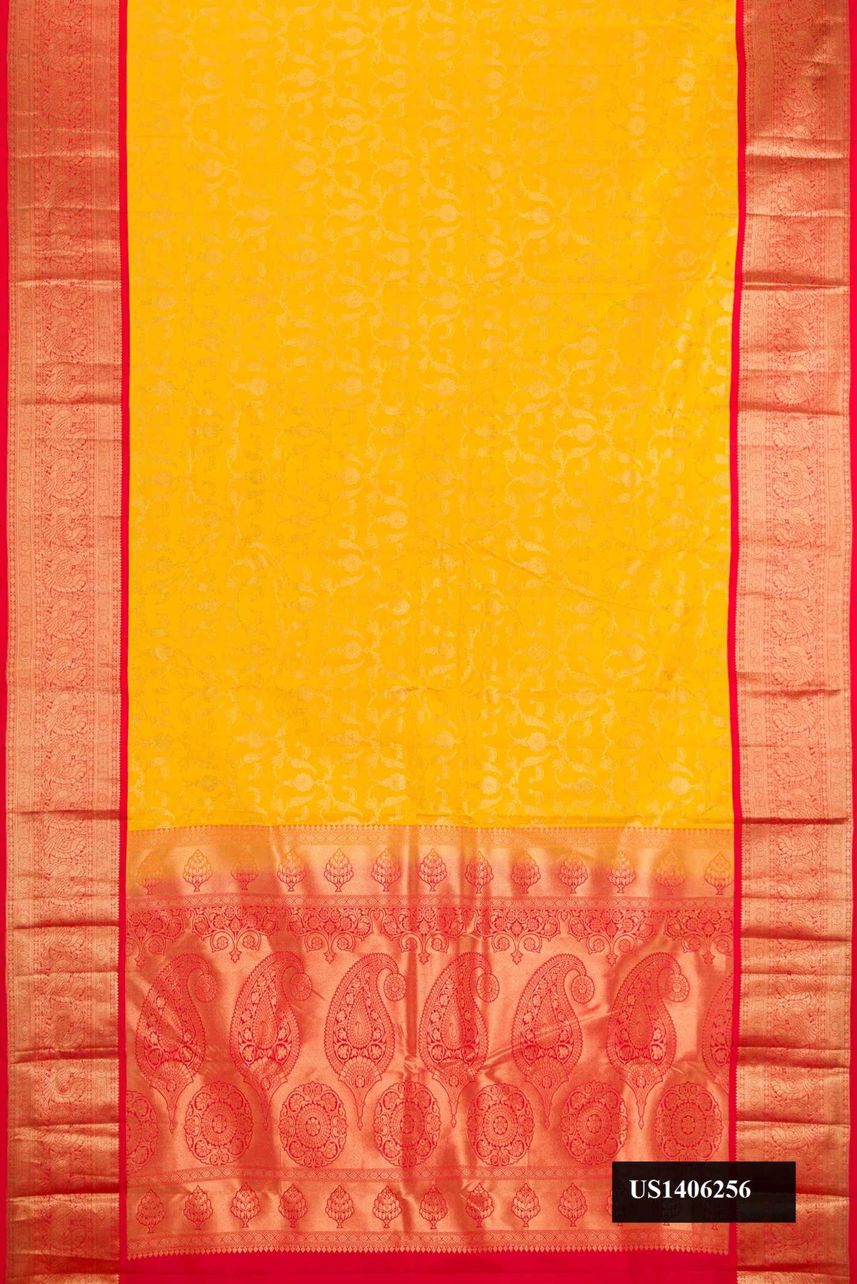 Yellow Dual Tone Kanchipuram Silk Saree with Zari Brocade on the body and Zari Border.  displayed on a mannequin