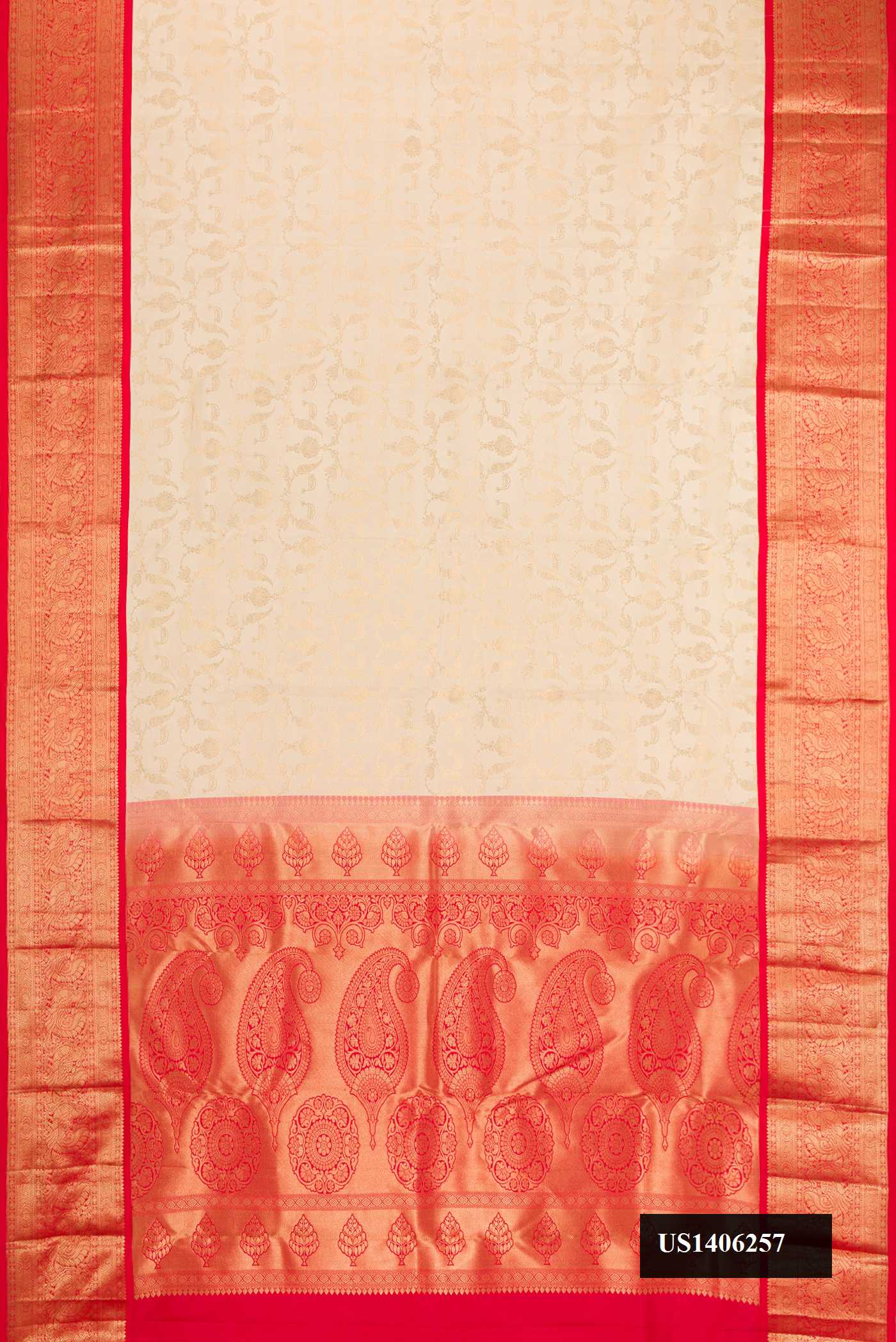 Beige Dual Tone Kanchipuram Silk Saree with Zari Brocade on the body and Zari Border.  displayed on a mannequin
