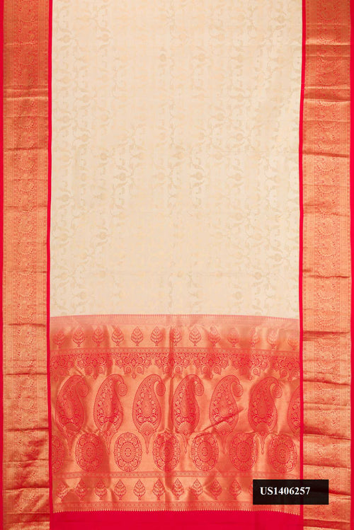 Beige Dual Tone Kanchipuram Silk Saree with Zari Brocade on the body and Zari Border.  displayed on a mannequin