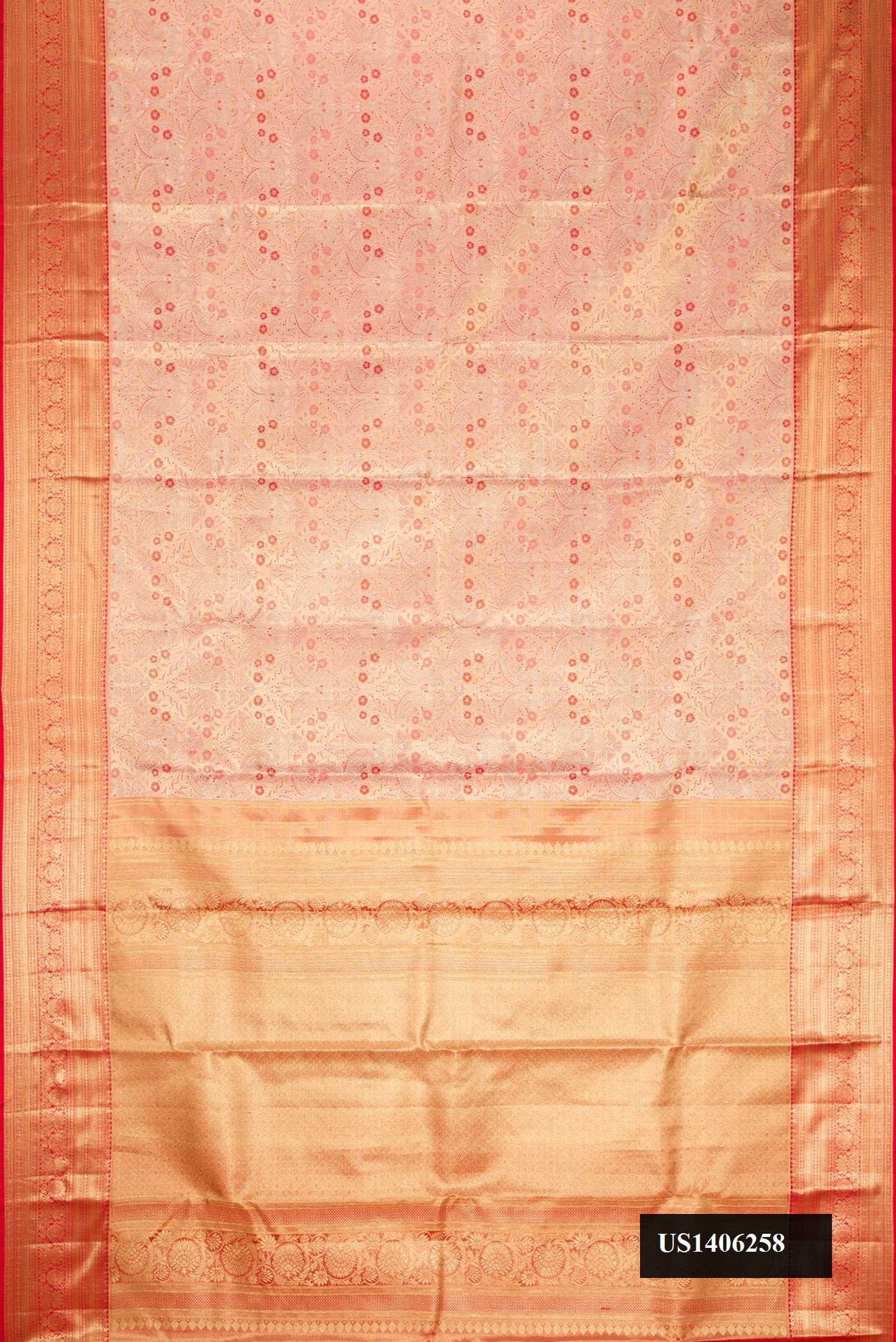 Red Dual Tone Kanchipuram Tissue Silk Saree with Zari Brocade on the body and Zari Border.  displayed on a mannequin