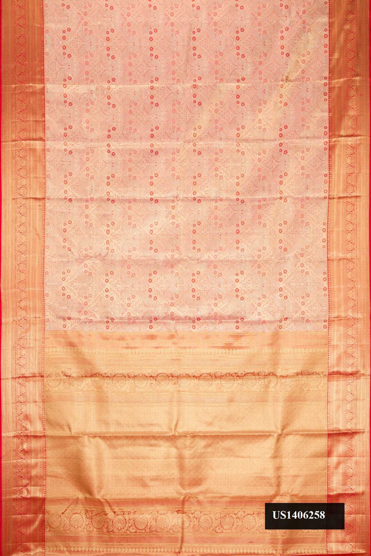 Red Dual Tone Kanchipuram Tissue Silk Saree with Zari Brocade on the body and Zari Border.  displayed on a mannequin