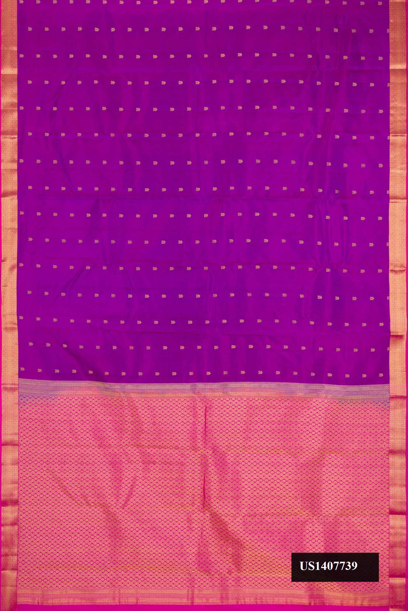 Purple Dual Tone Kanchipuram Silk Saree with Zari Butta on the body and Zari Border.  displayed on a mannequin