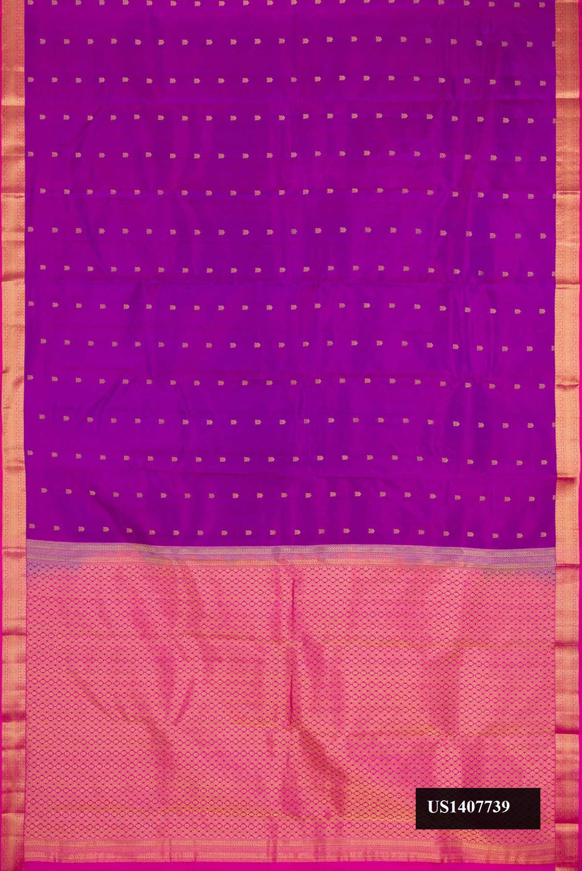 Purple Dual Tone Kanchipuram Silk Saree with Zari Butta on the body and Zari Border.  displayed on a mannequin
