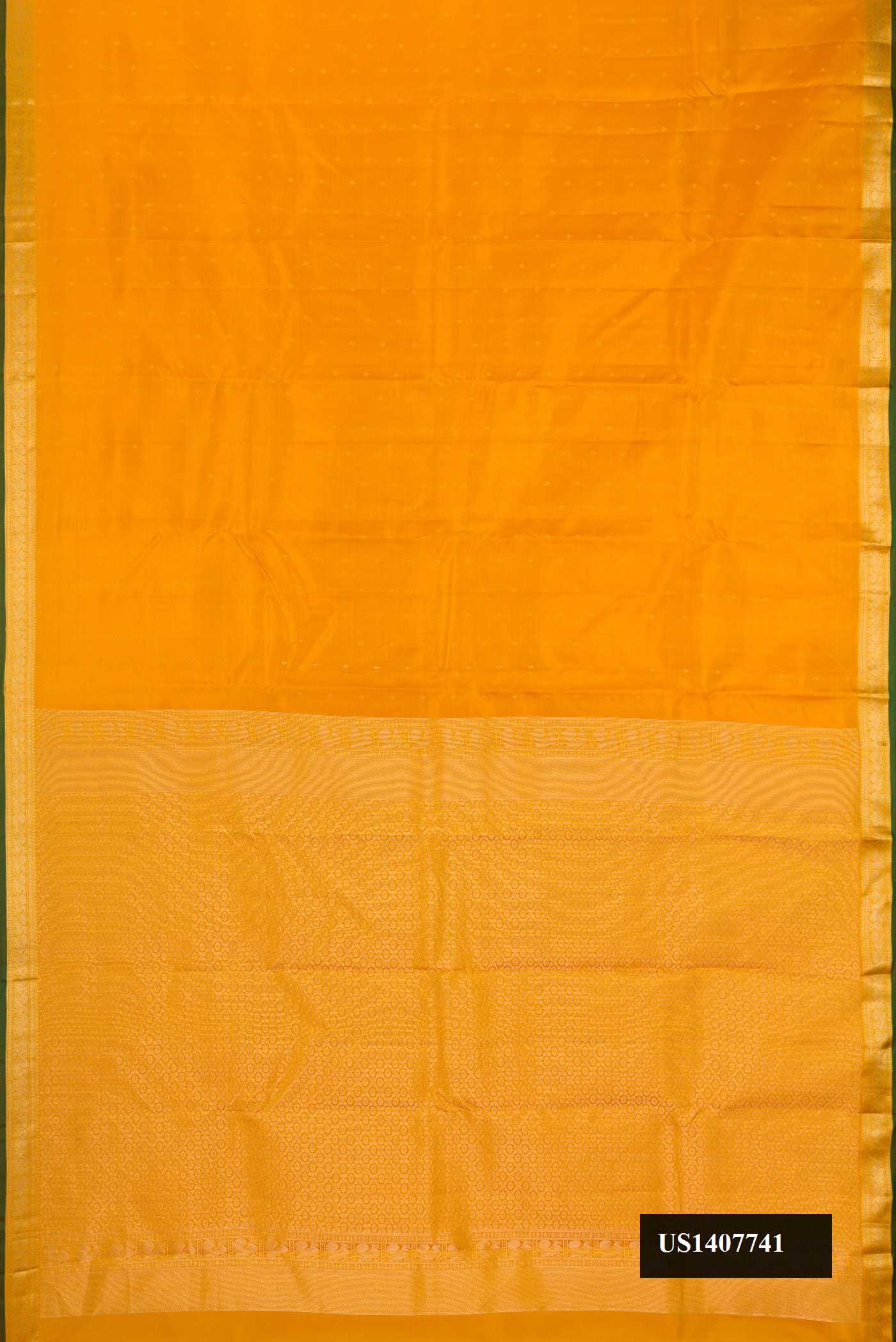 Mustard Dual Tone Kanchipuram Silk Saree with Zari Butta on the body and Zari Border.  displayed on a mannequin