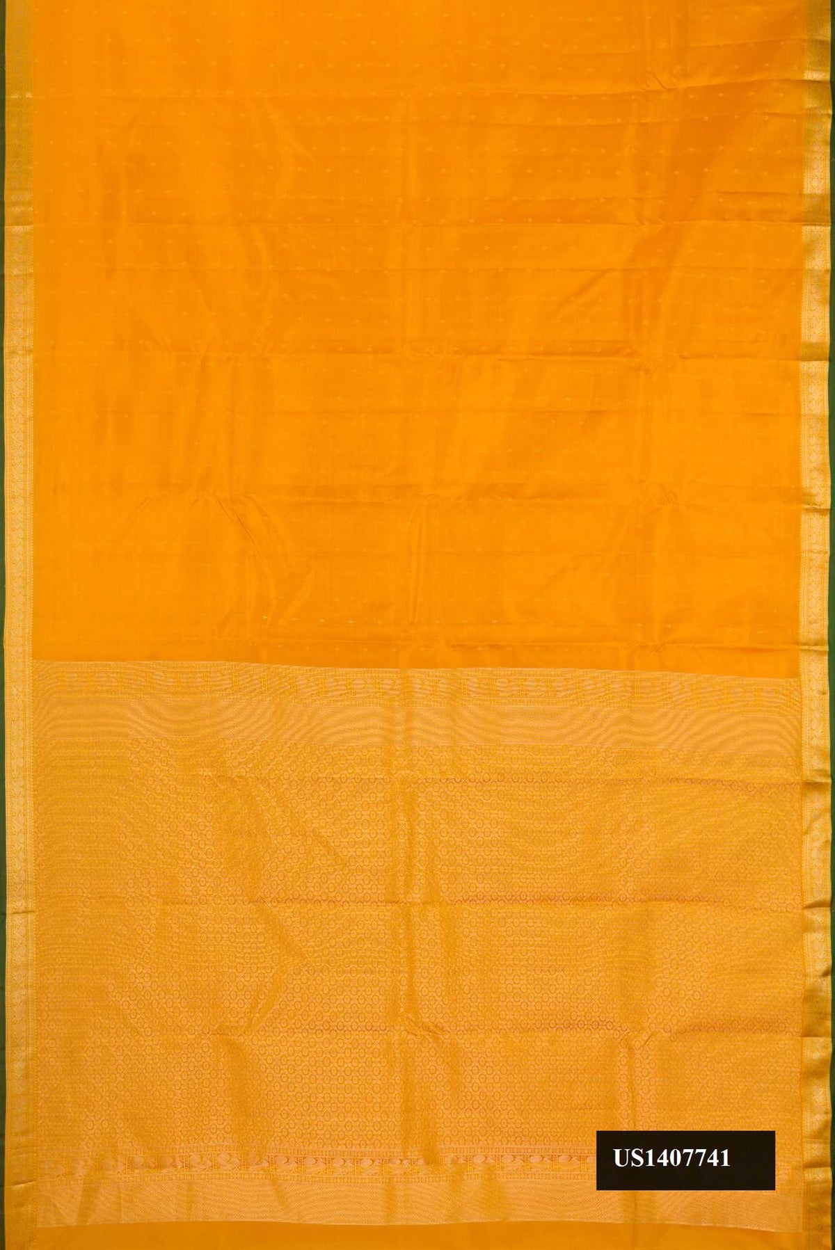 Mustard Dual Tone Kanchipuram Silk Saree with Zari Butta on the body and Zari Border.  displayed on a mannequin