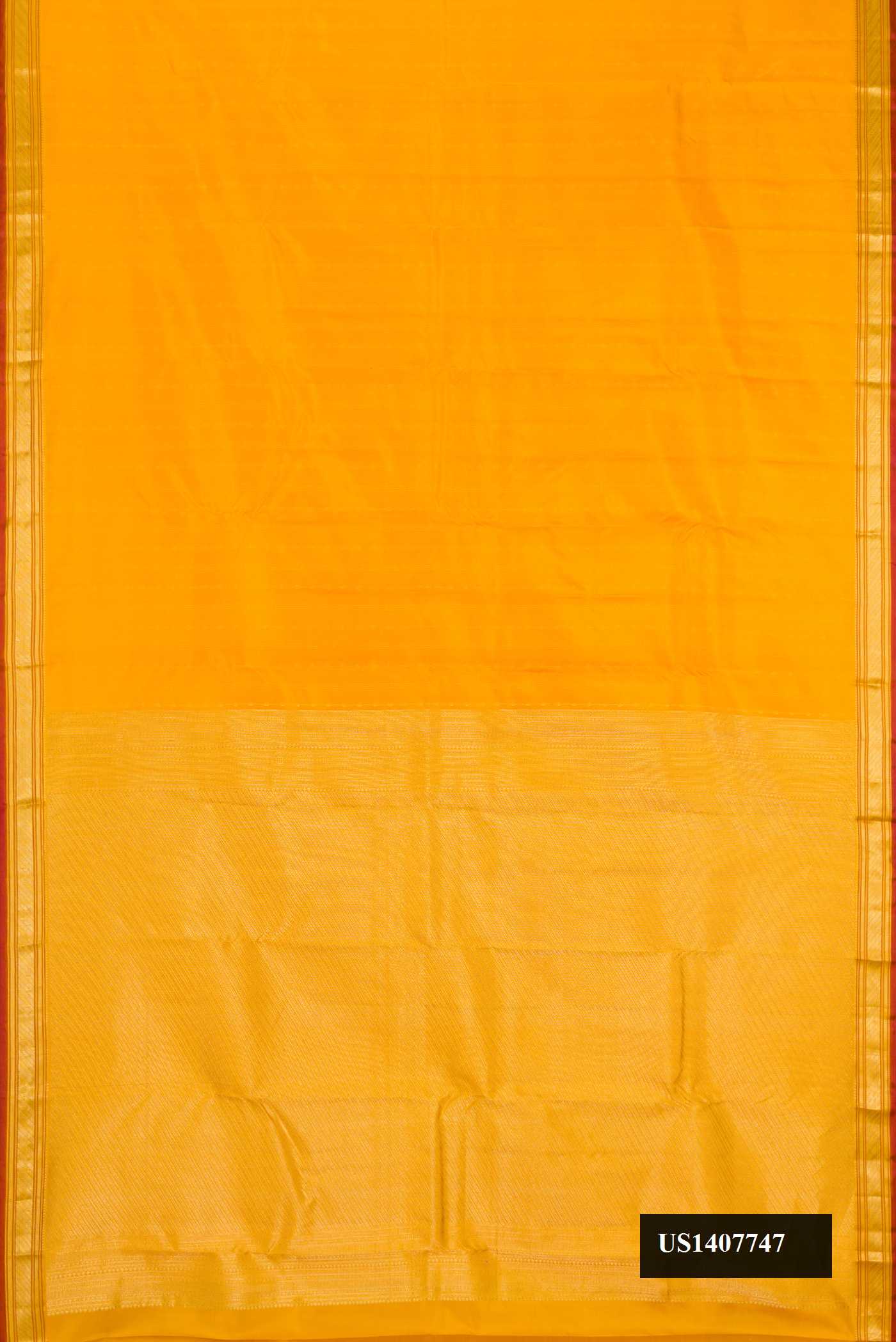 Mustard Dual Tone Kanchipuram Silk Saree with Stripes on the body and Zari Border.  displayed on a mannequin
