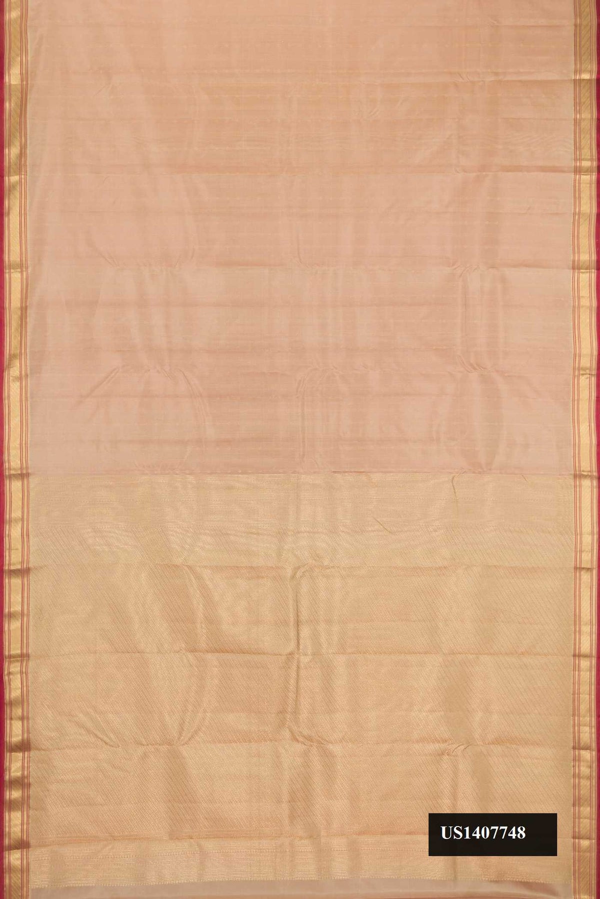 Beige Dual Tone Kanchipuram Silk Saree with Stripes on the body and Zari Border.  displayed on a mannequin