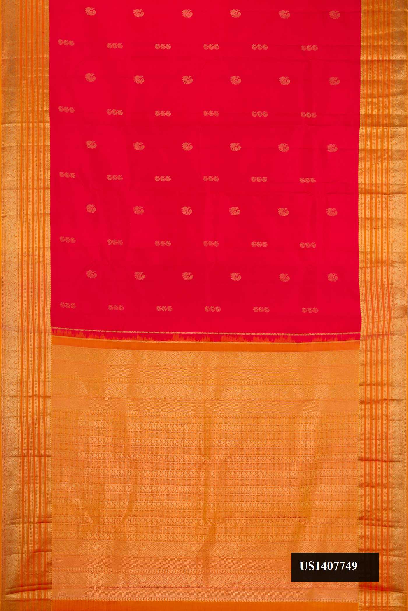 Red Dual Tone Kanchipuram Silk Saree with Zari Butta on the body and Zari Border.  displayed on a mannequin