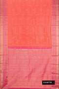 Peach Dual Tone Kanchipuram Silk Saree with Zari Butta on the body and Zari Border.  displayed on a mannequin