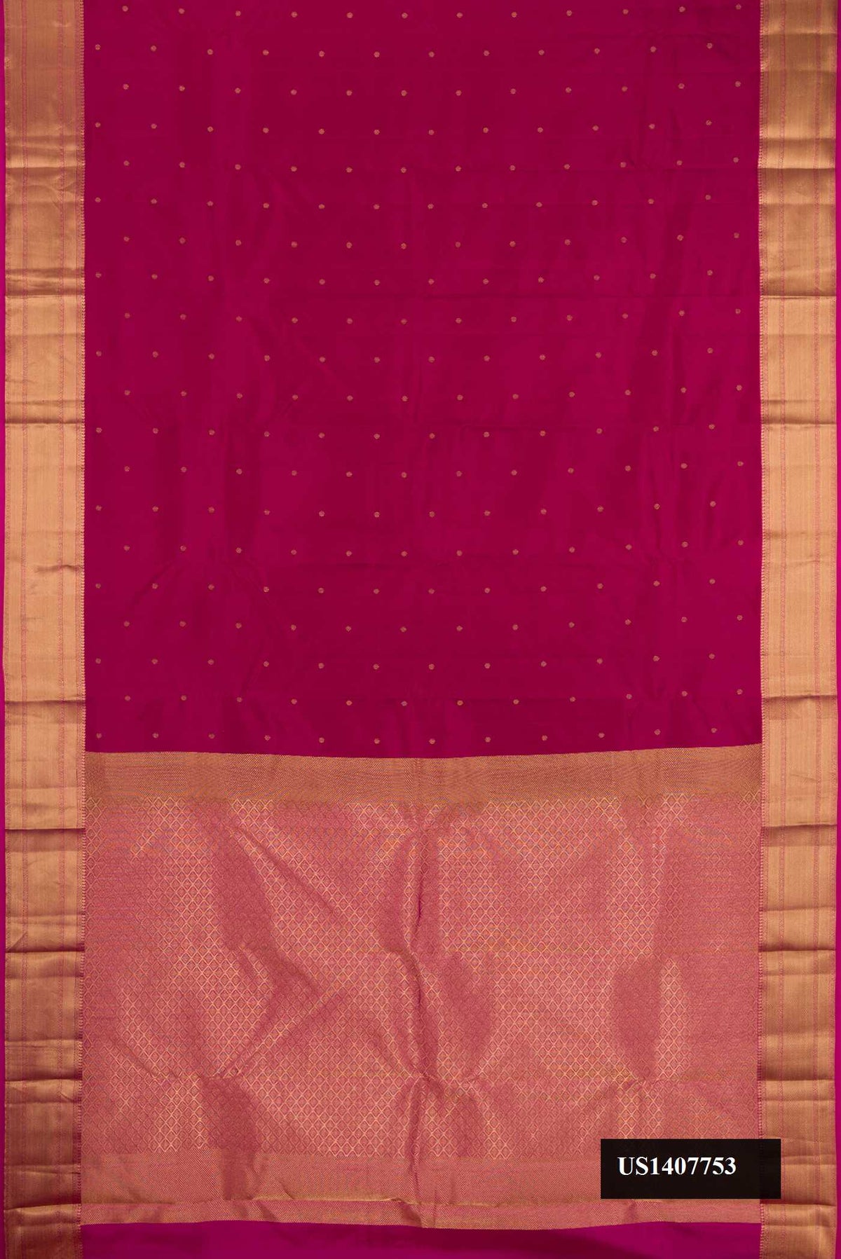 Maroon Dual Tone Kanchipuram Silk Saree with Zari Butta on the body and Zari Border.  displayed on a mannequin