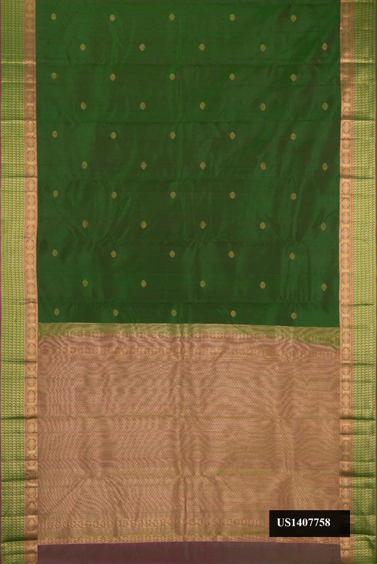 Green Dual Tone Kanchipuram Silk Saree with Zari Butta on the body and Zari Border.  displayed on a mannequin