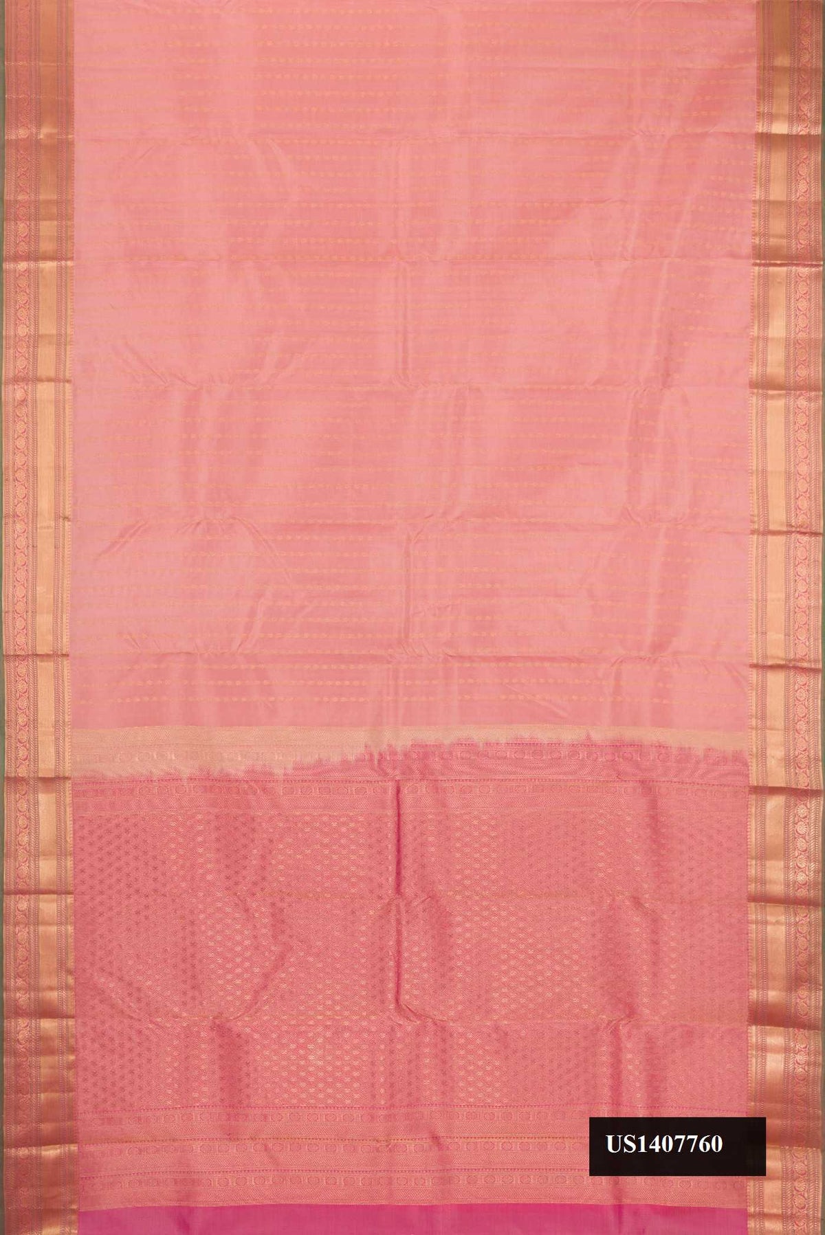 Rose Gold Dual Tone Kanchipuram Silk Saree with Stripes on the body and Zari Border.  displayed on a mannequin