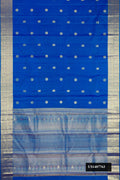 Peacock Blue Dual Tone Kanchipuram Silk Saree with Zari Butta on the body and Zari Border.  displayed on a mannequin