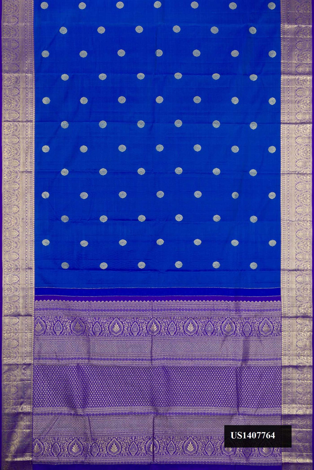 Royal Blue Dual Tone Kanchipuram Silk Saree with Zari Butta on the body and Zari Border.  displayed on a mannequin