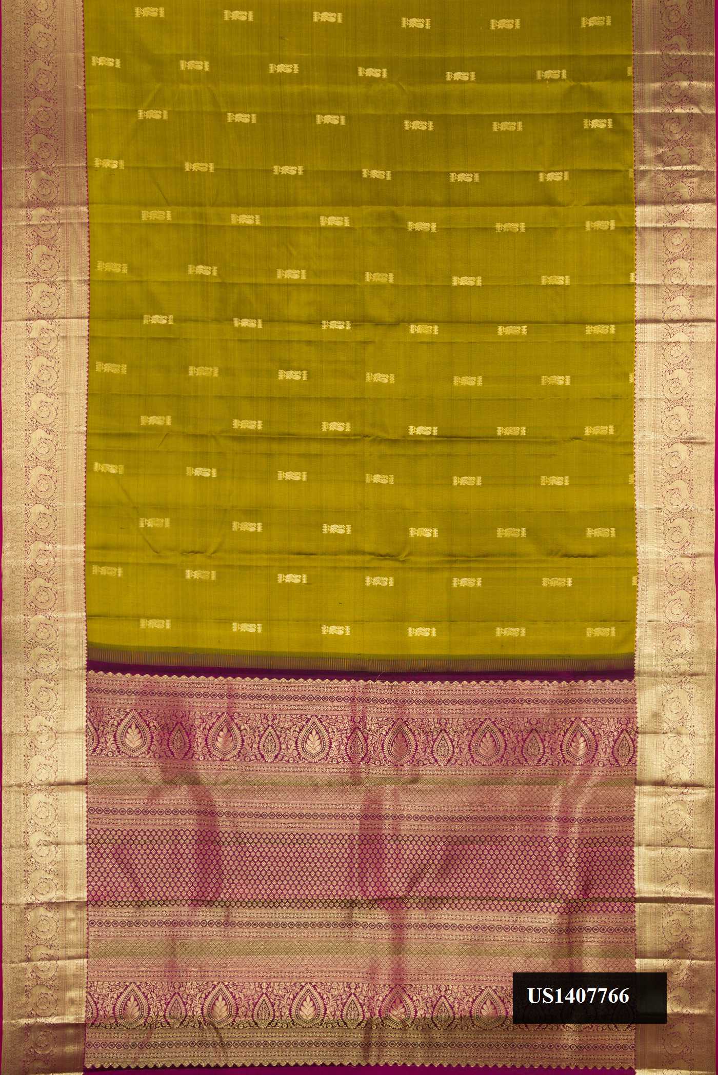 Mehandi Green Dual Tone Kanchipuram Silk Saree with Zari Butta on the body and Zari Border.  displayed on a mannequin