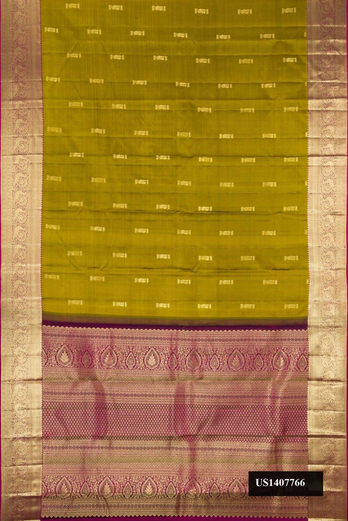 Mehandi Green Dual Tone Kanchipuram Silk Saree with Zari Butta on the body and Zari Border.  displayed on a mannequin