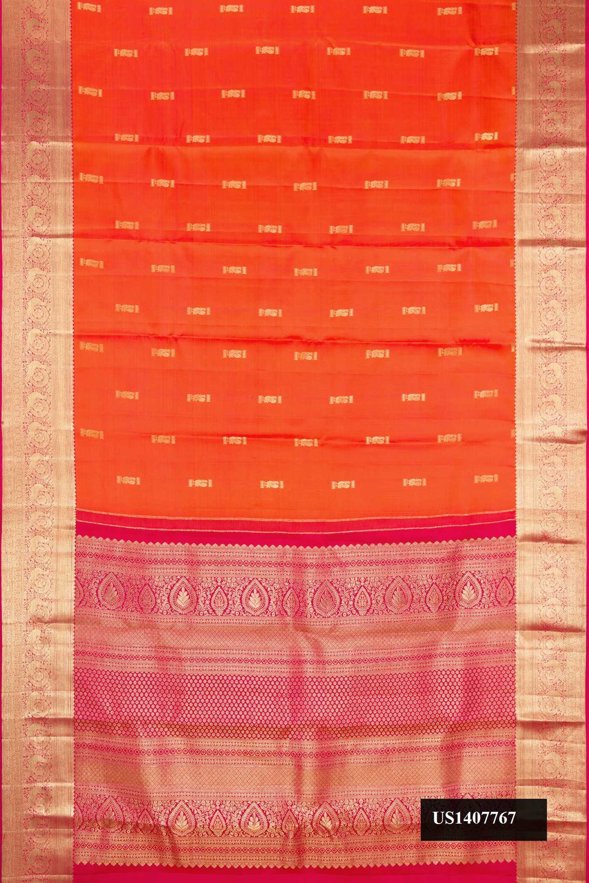Orange Dual Tone Kanchipuram Silk Saree with Zari Butta on the body and Zari Border.  displayed on a mannequin