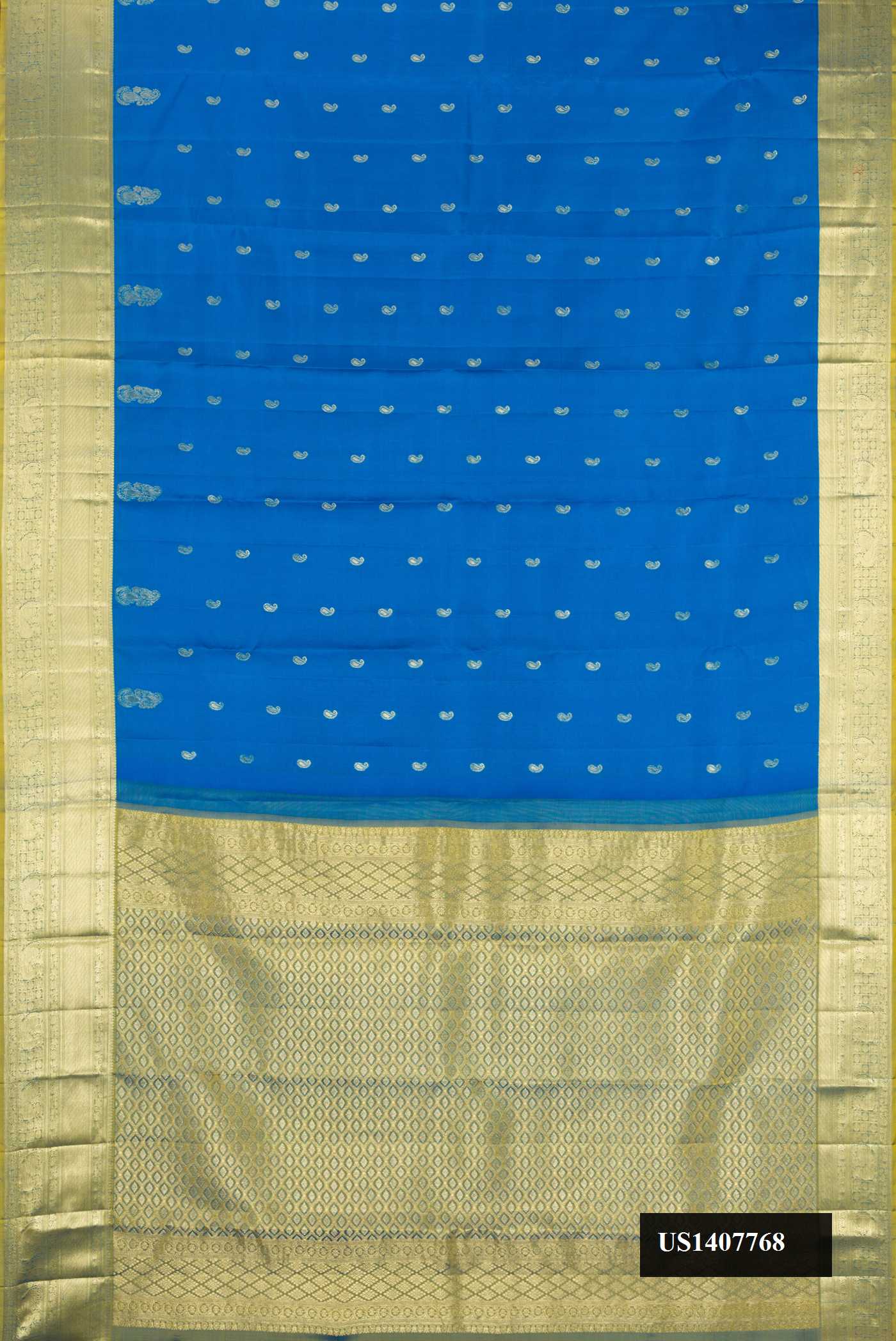 Blue Dual Tone Kanchipuram Silk Saree with Zari Butta on the body and Zari Border.  displayed on a mannequin