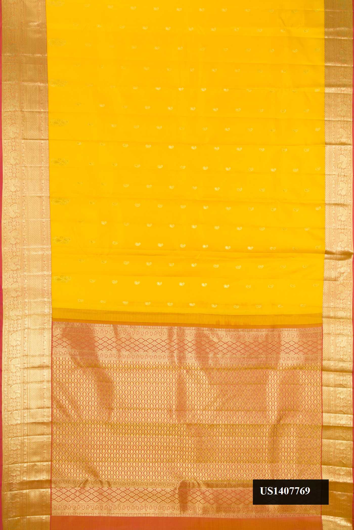 Yellow Dual Tone Kanchipuram Silk Saree with Zari Butta on the body and Zari Border.  displayed on a mannequin