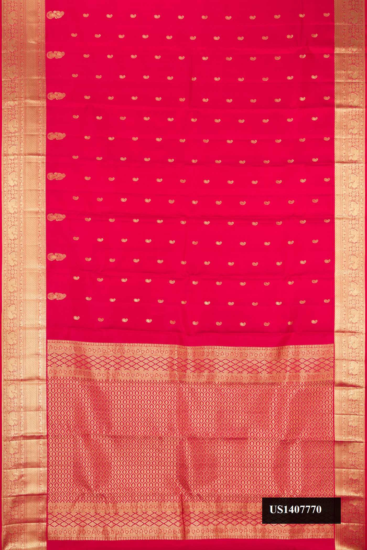 Dark Pink Dual Tone Kanchipuram Silk Saree with Zari Butta on the body and Zari Border.  displayed on a mannequin