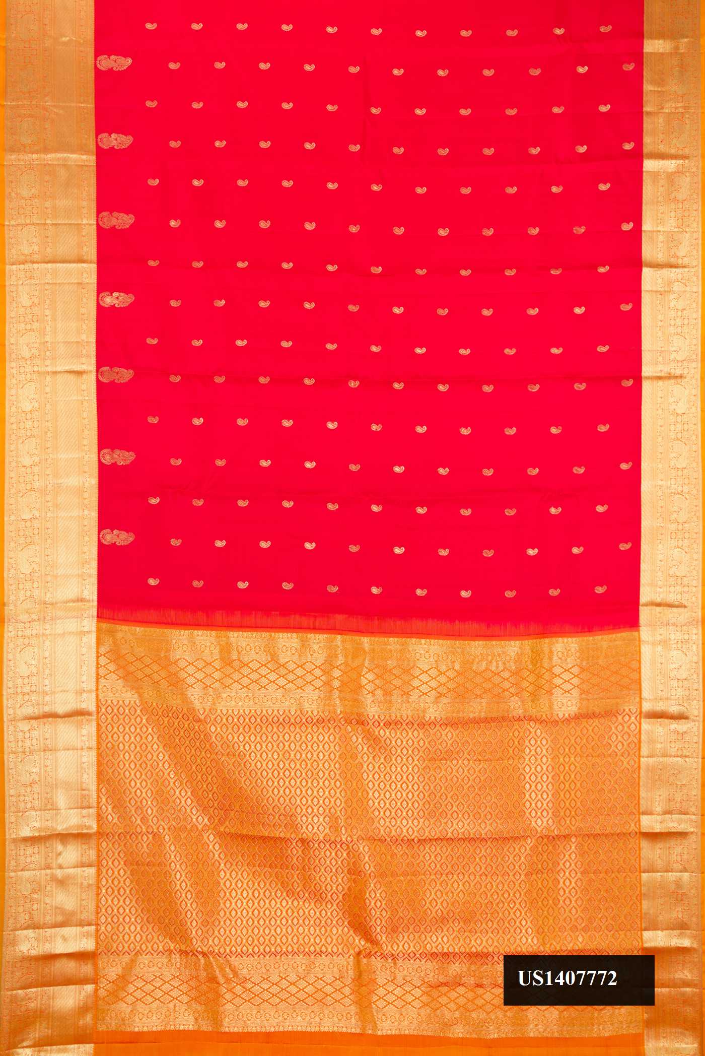 Red Dual Tone Kanchipuram Silk Saree with Zari Butta on the body and Zari Border.  displayed on a mannequin
