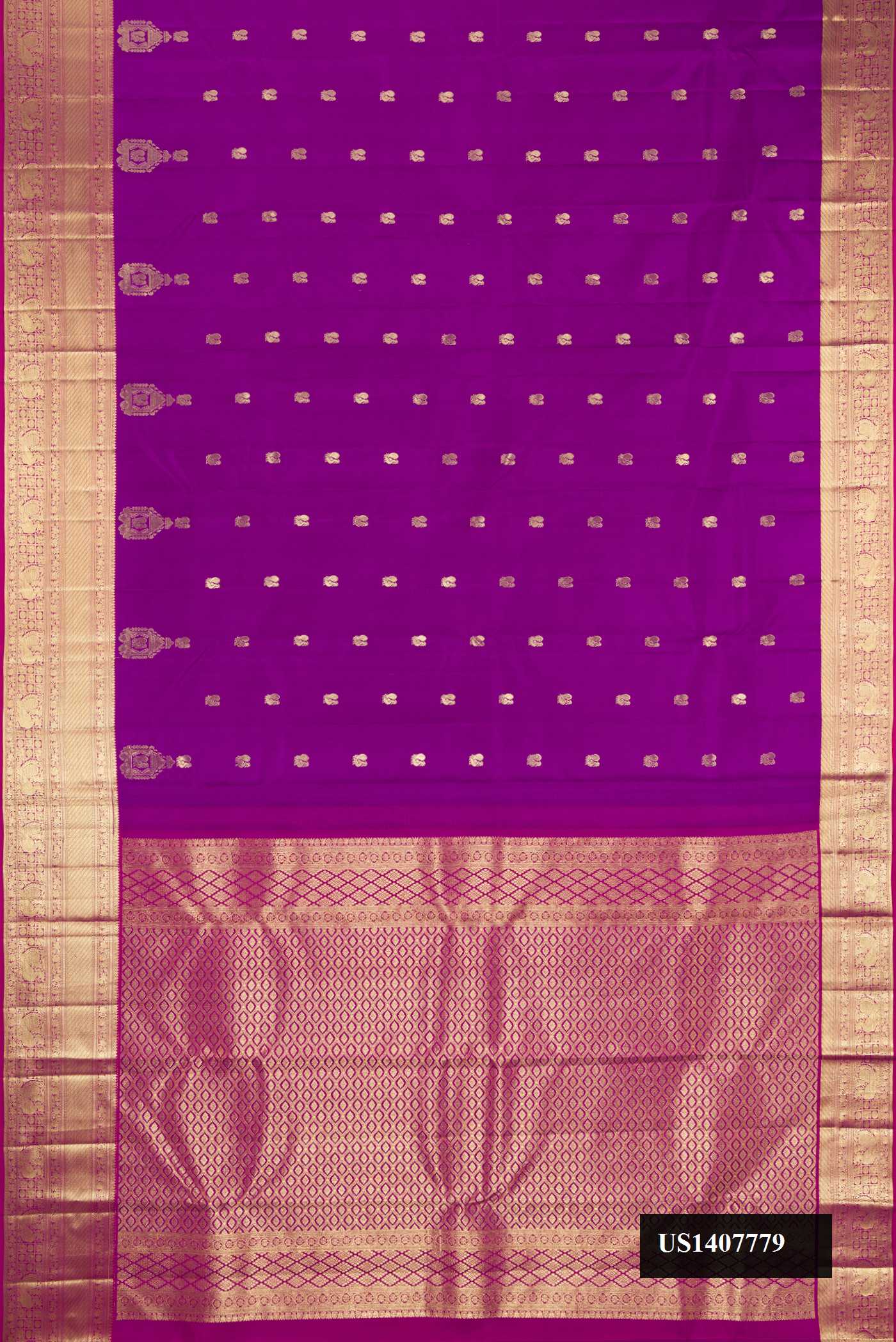 Purple Dual Tone Kanchipuram Silk Saree with Zari Butta on the body and Zari Border.  displayed on a mannequin