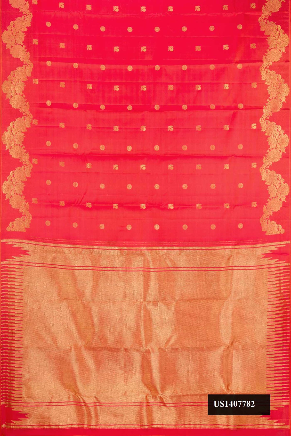 Coral Dual Tone Kanchipuram Silk Saree with Zari Butta on the body and Fancy Border.  displayed on a mannequin