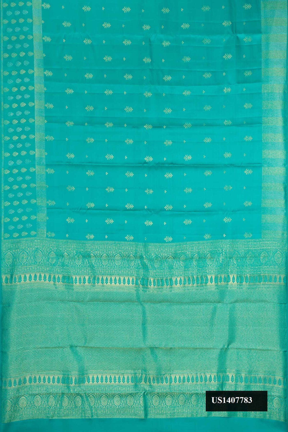 Sea Green Dual Tone Kanchipuram Silk Saree with Zari Butta on the body and Fancy Border.  displayed on a mannequin