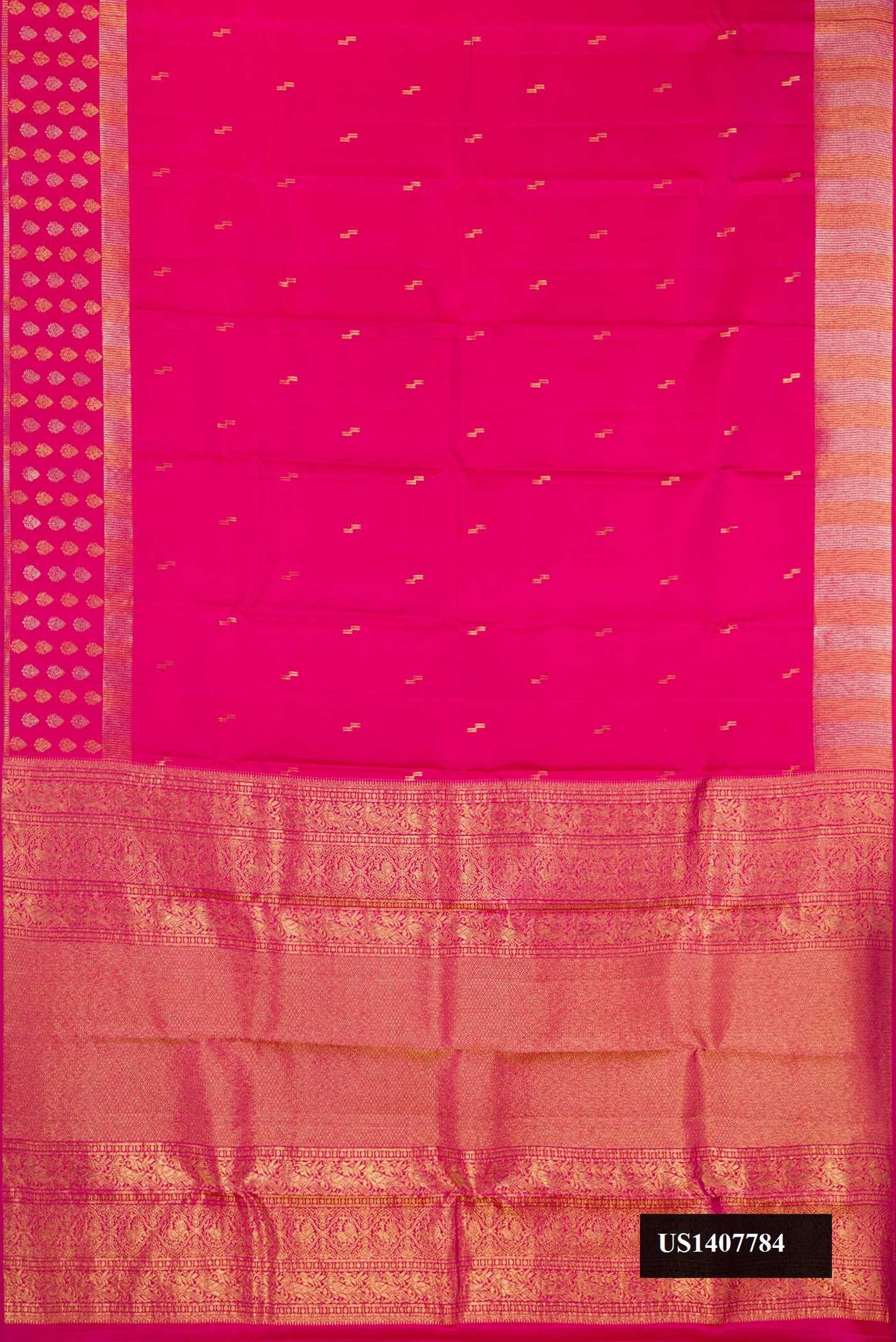 Dark Pink Dual Tone Kanchipuram Silk Saree with Zari Butta on the body and Fancy Border.  displayed on a mannequin
