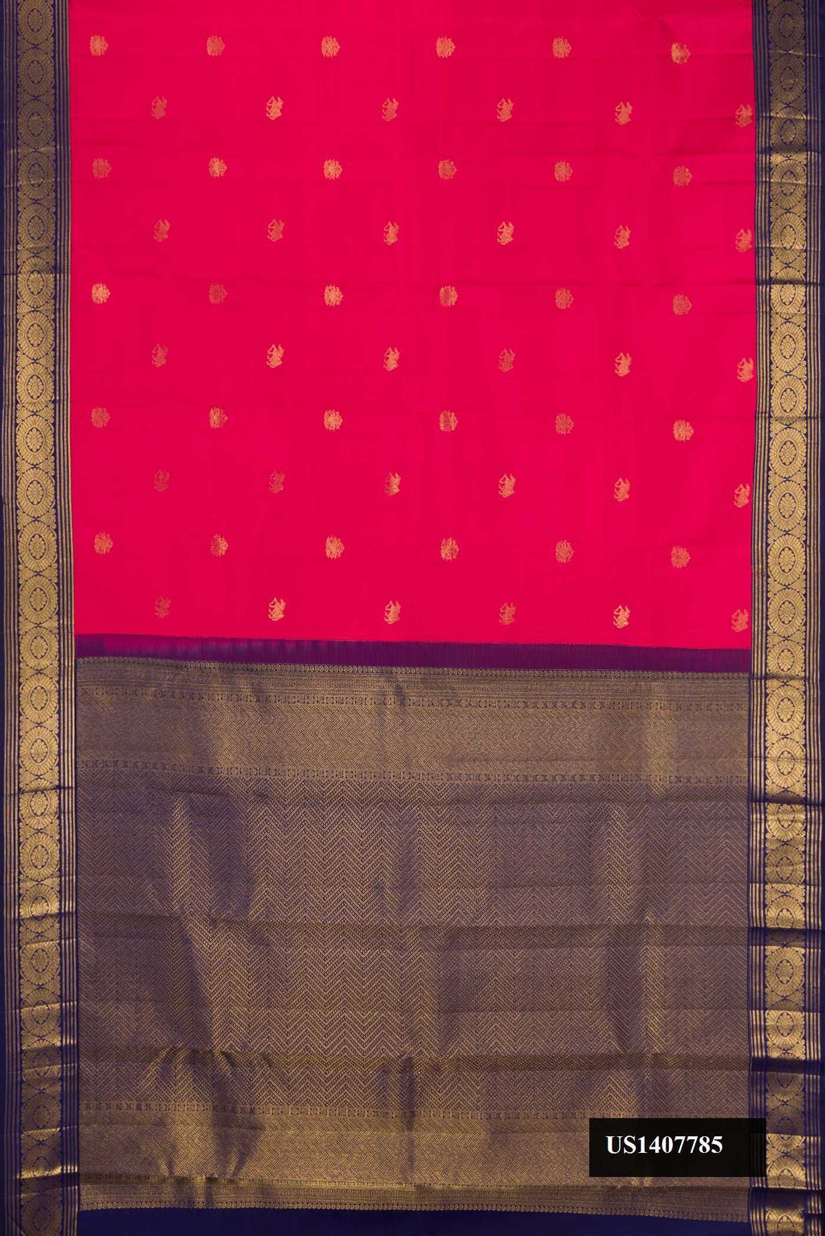 Dark Pink Dual Tone Kanchipuram Silk Saree with Zari Butta on the body and Zari Border.  displayed on a mannequin