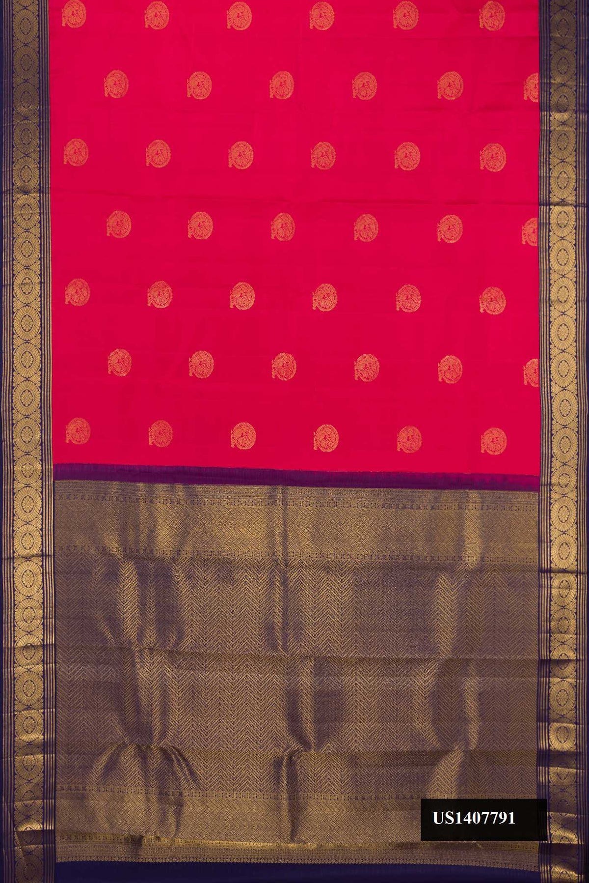Dark Pink Dual Tone Kanchipuram Silk Saree with Zari Butta on the body and Zari Border.  displayed on a mannequin