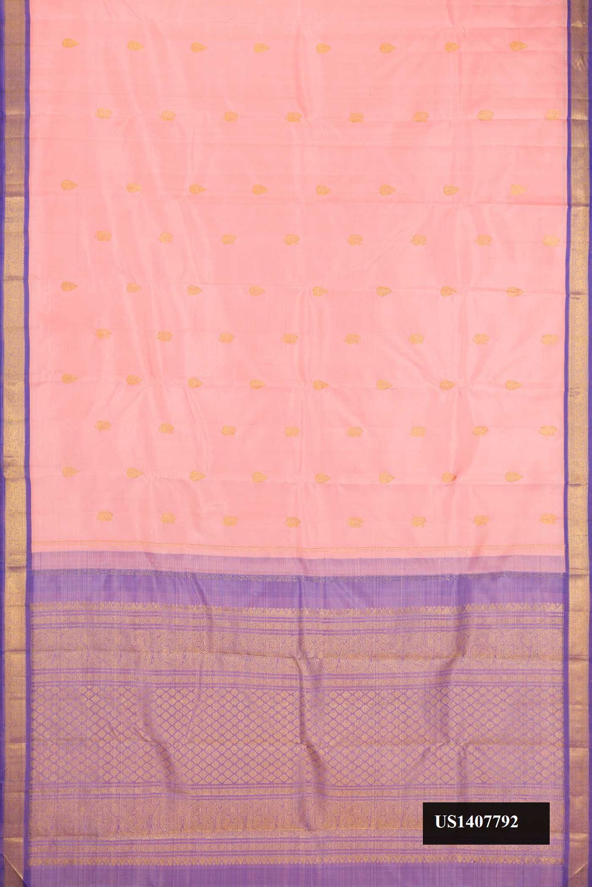 Pink Dual Tone Kanchipuram Silk Saree with Zari Butta on the body and Zari Border.  displayed on a mannequin
