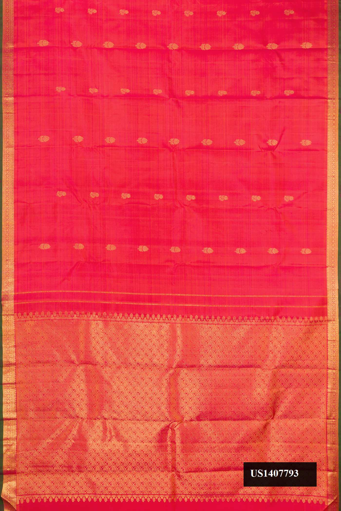 Coral Dual Tone Kanchipuram Silk Saree with Zari Butta on the body and Zari Border.  displayed on a mannequin