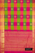 Multi Dual Tone Kanchipuram Silk Saree with Checked design on the body and Zari Border.  displayed on a mannequin